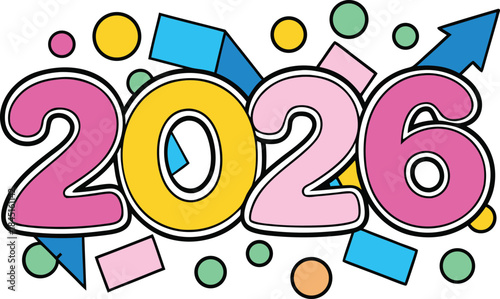 Outlined Confetti Celebration Around 2026 on White Background, Minimal Line Art New Year Design, Clean Festive Decoration for Calendar, Greeting Card, Banner and Modern Holiday Illustration