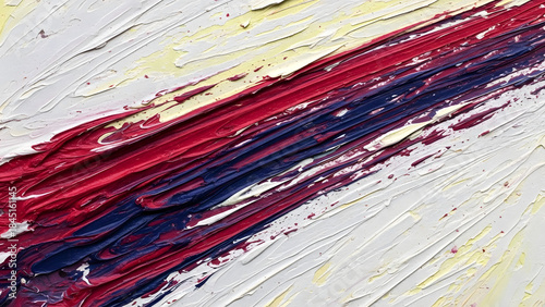 Abstract textured brush strokes in red, blue, and white evoking a sense of dynamic movement