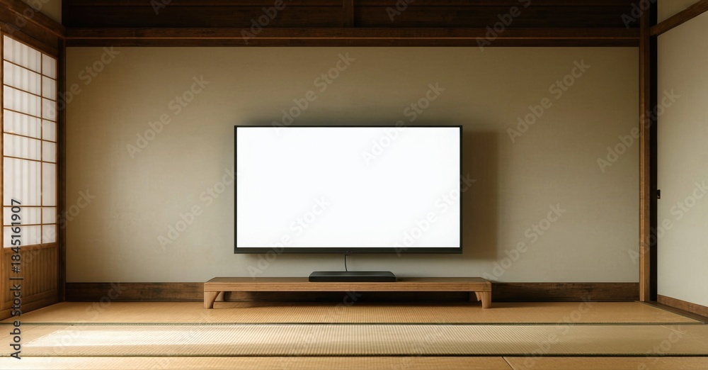 Fototapeta premium Minimalist room features television mounted above wooden console. Tatami mats cover floor, window provides soft light. Simple, clean design.