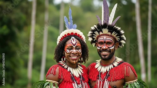 Papua New Guinean couple smiling in tribal costume rainforest setting