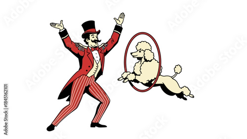 Circus Ringmaster with Top Hat Directs Poodle Jumping Through Hoop Vector Art