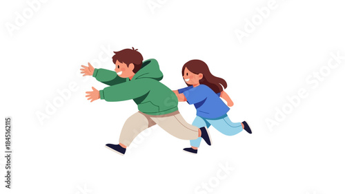Happy Children Running Together, Chasing Fun Outdoors, Playful Siblings Lifestyle Illustration