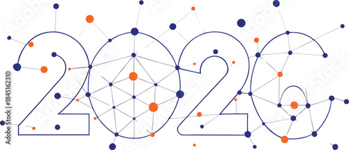 Minimal 2026 Numeric Form Created with Connected Line Nodes and Spark Detail, Clean Futuristic Network Design, Digital Technology and Data Connection Concept