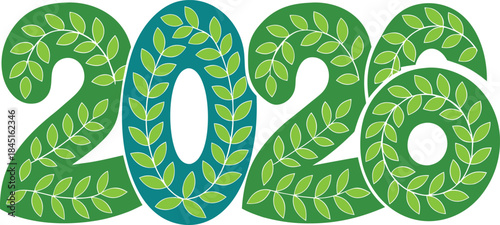 Nature-themed 2026 numbers composed of tiny leaf icons in a playful pattern, minimal eco and botanical design on white background