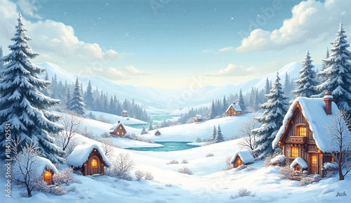 Pound in center of snowy landscape,Frozen winter landscape with mountains, forest, and ice-covered lake or river for ice skating. Beautiful wild nature in snowy weather.