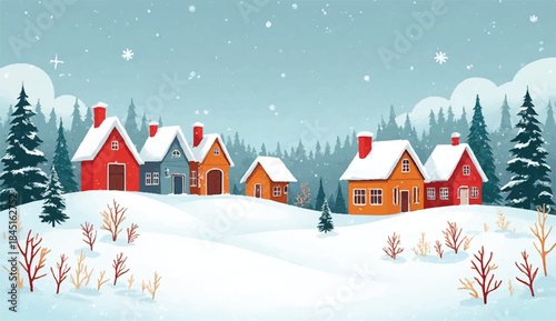 Winter snowy landscape with wooden cabins surrounded by pine trees and mountains in minimalist flat vector style with soft watercolor effect, Majestic Snow-Capped Mountains, Rolling Hills