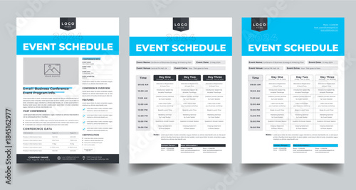 Event Schedule Design Template with 3 page layout clean concept 