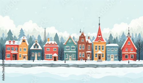 Town panorama with houses in snow, decorated for holiday. European cityscape panorama. Flat vector illustration, Snowy  night in cozy town city panorama. Winter village holiday landscape