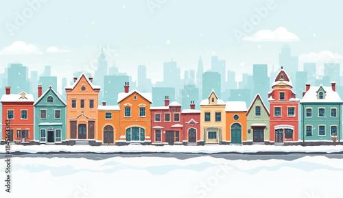 Town panorama with houses in snow, decorated for holiday. European cityscape panorama. Flat vector illustration, Snowy  night in cozy town city panorama. Winter village holiday landscape