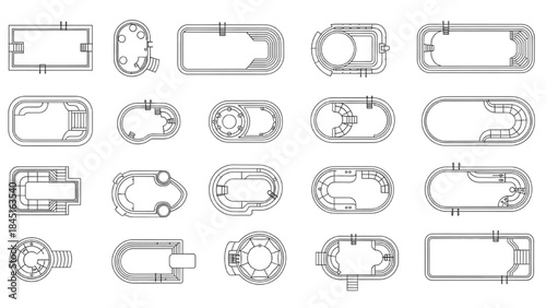 Top View Collection of Various Swimming Pool Designs and Shapes CAD style