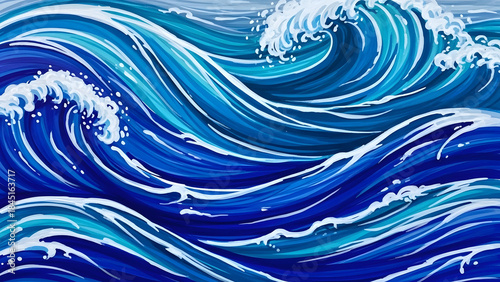 Dynamic illustration of powerful blue ocean waves crashing with white foam, showcasing the vibrant energy and movement of the sea