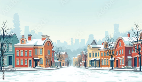 Snowy winter scene on Gay Street in the Greenwich Village neighborhood, View of city during snow storm,A charming winter scene of a historic european cityscape with snow falling and people enjoying