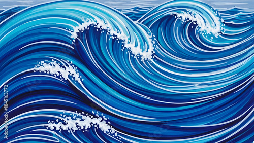 Dynamic illustration of powerful blue ocean waves crashing with white foam, showcasing the vibrant energy and movement of the sea