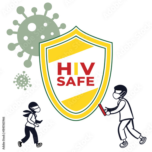 HIV Safe Shield with People Wearing Masks and Viruses protection