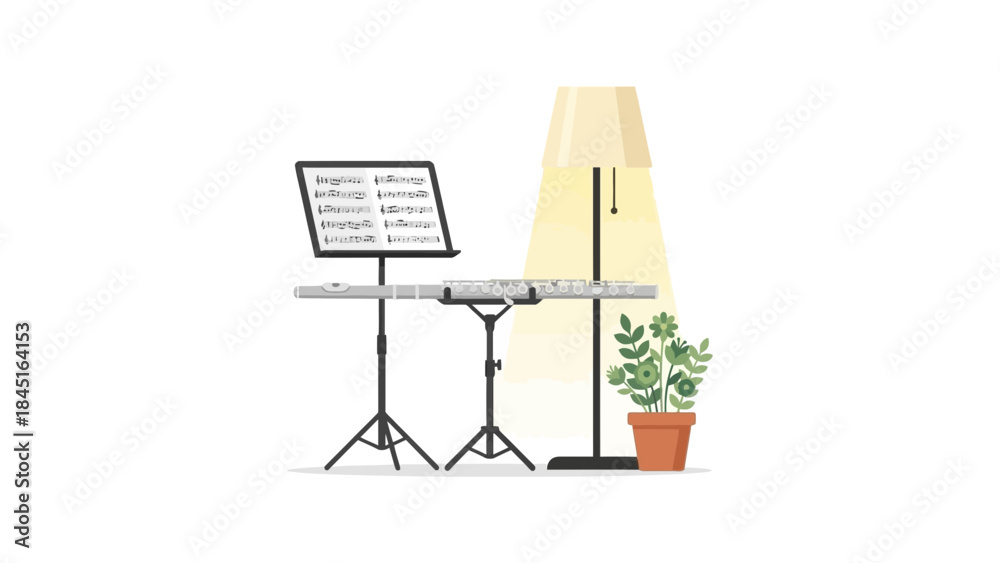 Fototapeta premium Inspiring flute practice setup with sheet music stand, perfect for music education, lessons, or a musician's tranquil creative space