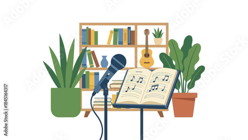 Vibrant music room with microphone and sheet music stand ready for performance, cozy backdrop for singer songwriter streaming or online lessons
