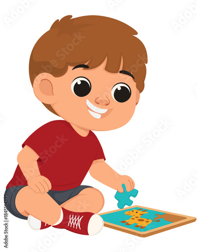 Illustration of Boy Playing Jigsaw Puzzle