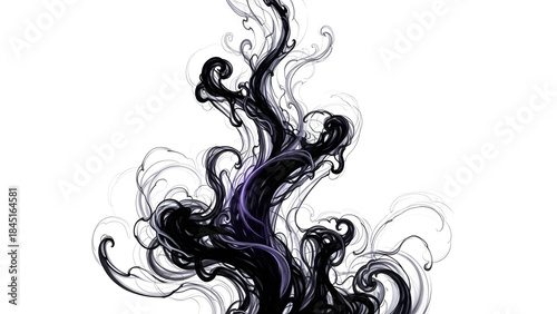 Black ink cloud swirling in clear water creating abstract shapes