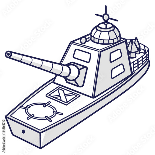 Cartoon illustration of a modern warship with a large cannon boat navy