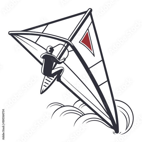 Windsurfer Riding Waves With Large Sail And Red Triangle Keywords: windsurfer, windsurfing, water