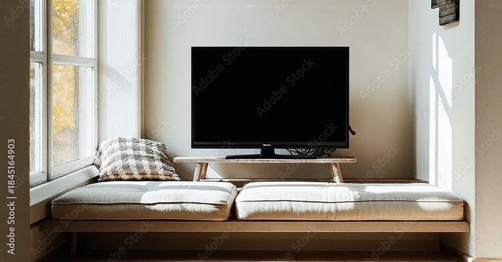 Fototapeta premium Cozy window seat with cushions, minimalist television setup. Warm light filters through trees outside. Simple, inviting space.