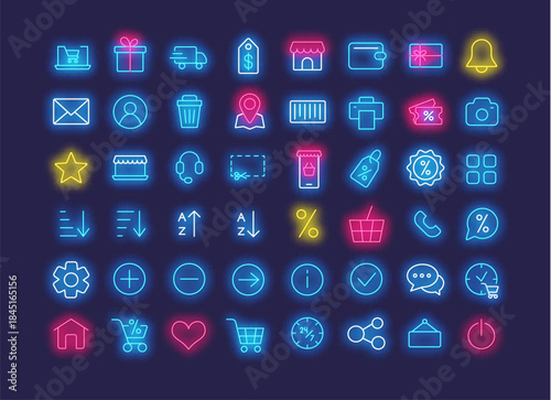 E-commerce neon icons collection. Order, share sign and trolley. Online shopping. Around of clock store. Mobile app buttons. Phone support emblem. Vector stock illustration