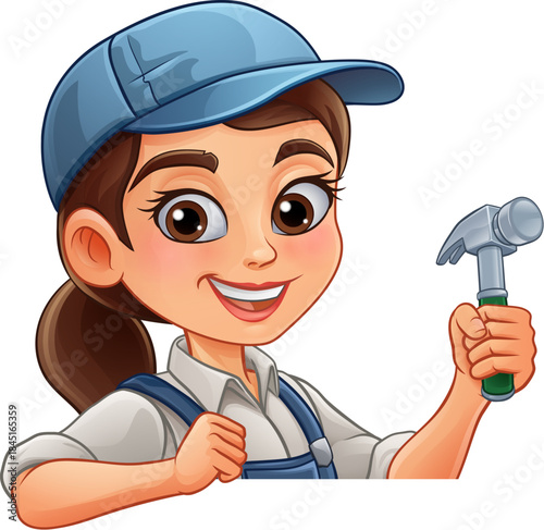 A woman female carpenter holding a hammer tool builder construction cartoon character mascot.