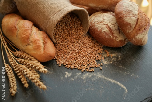 Vászonkép Freshly baked bread and wheat grains spill from a burlap sack