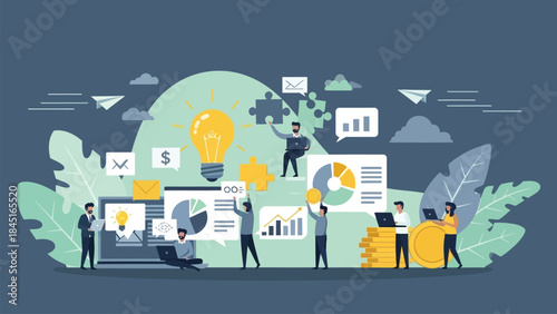 Business team collaborating on a project with data analysis and creative ideas.