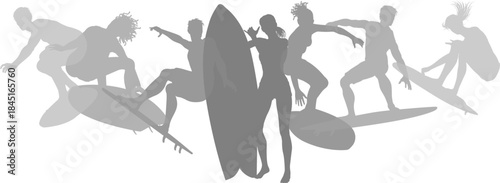 Surfer surfboard boarding male and female surfers surfing silhouette outlines. Men and women surf group design concept.