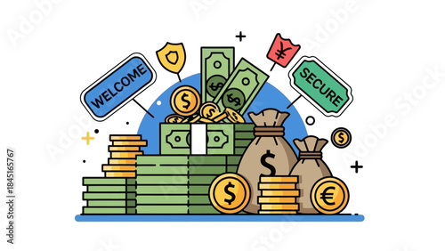 Secure Financial Investment and Welcome Bonus with Money Stacks and Currency Symbols