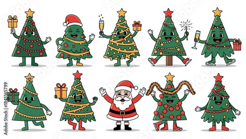Cute Cartoon Christmas Trees and Santa Claus Characters Set for Holiday Design