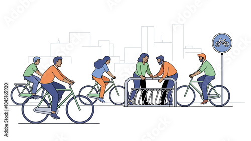 Diverse group of cyclists enjoying a city bike path with a bike rack