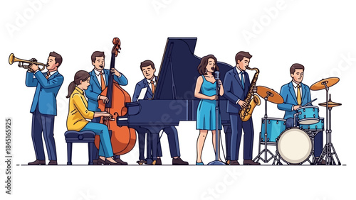 Diverse Jazz Band Performing Together with Various Instruments on White Background