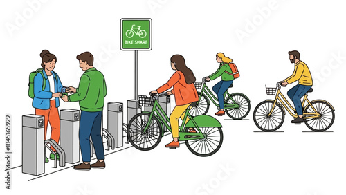 Diverse People Enjoying Bike Sharing Service in Urban Environment Vector