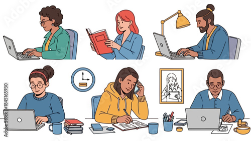 Diverse people working and studying at desks with laptops and books at home