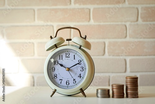Картината върху платно Vintage alarm clock beside stacked coins against brick wall