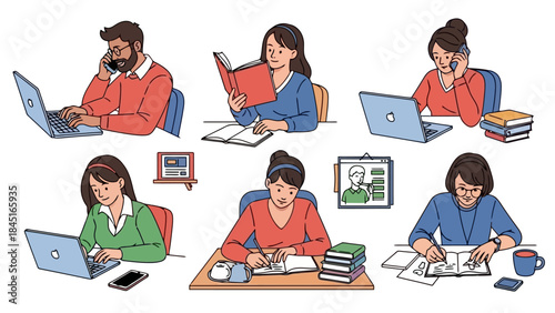 Diverse people working and studying remotely with laptops and books at desks