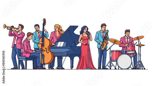 Jazz Band Performing with Singer, Piano, Saxophone, Trumpet, Bass and Drums