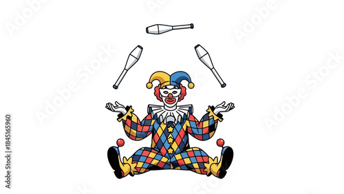 Juggling Clown Performer in Colorful Costume Entertaining with Clubs on White Background