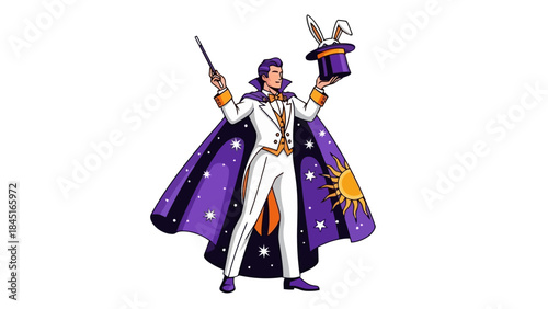 Magician in Costume with Wand and Top Hat Performing Magic Tricks with Bunny Ears