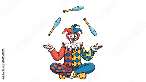 Juggling Clown Sitting Cross-legged with Clubs Flying in the Air, Circus Performance