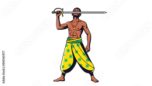 Male Sword Swallower Performer in Colorful Pants with Stars, Vector Art