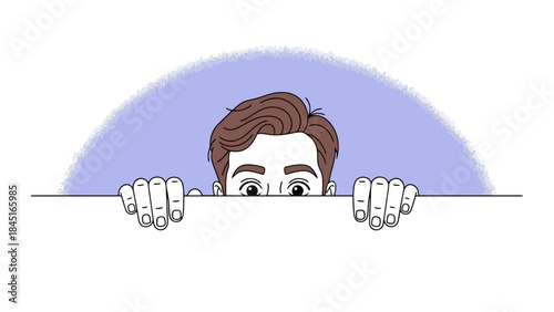 Man Peeking Over Edge of White, Curious Eyes Looking Forward, Vector Illustration