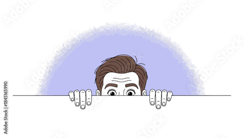 Man Peeking Over Edge with Curious Eyes and Worried Expression