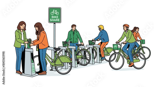People Using Bike Share Service at Station for Urban Transportation and Leisure