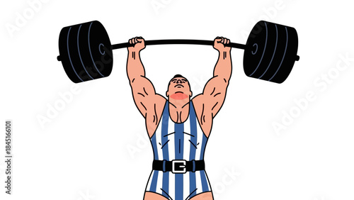 Vintage Strongman Character Lifting Heavy Barbell Above Head in Retro Style