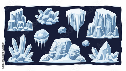 Collection of Ice Formations and Crystal Clusters on Dark Background