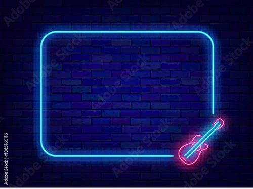 Guitar sound neon advertising. Country music. Concert and music school. Nightclub invitation. Empty blue frame. Copy space. Editing text. Vector stock illustration
