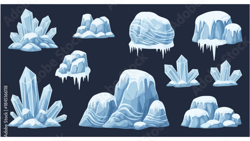 Collection of Frozen Ice Rocks and Ice Crystals on Dark Background